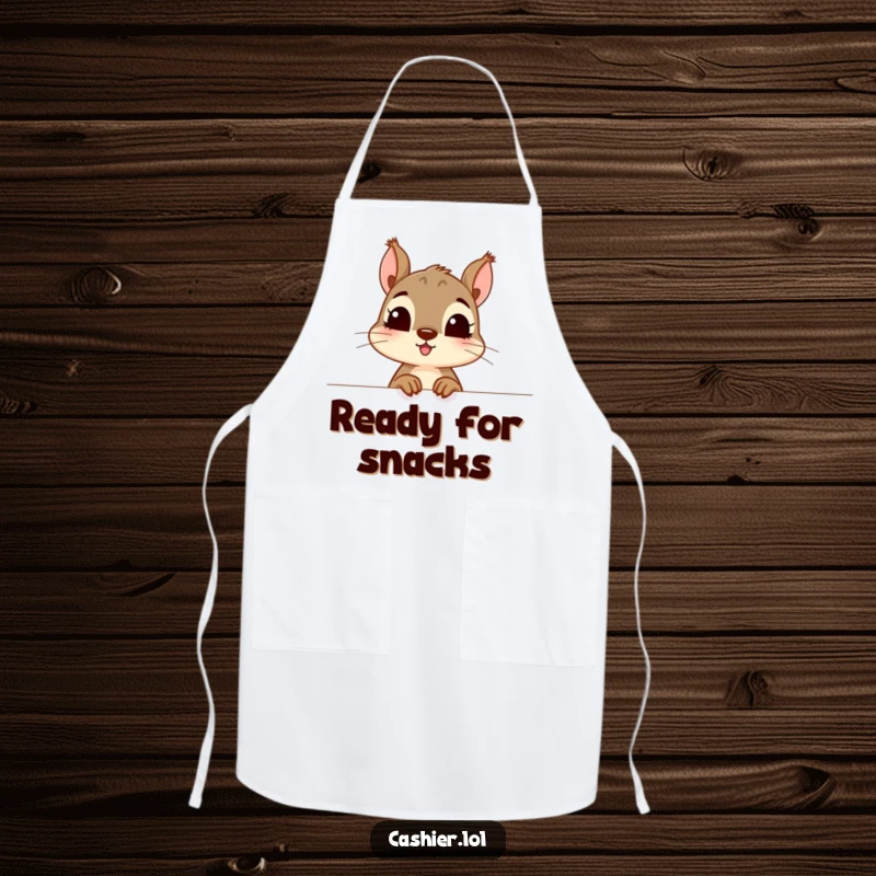 Funny apron featuring a curious squirrel character peering excitedly over a counter, ideal for a funny gift.