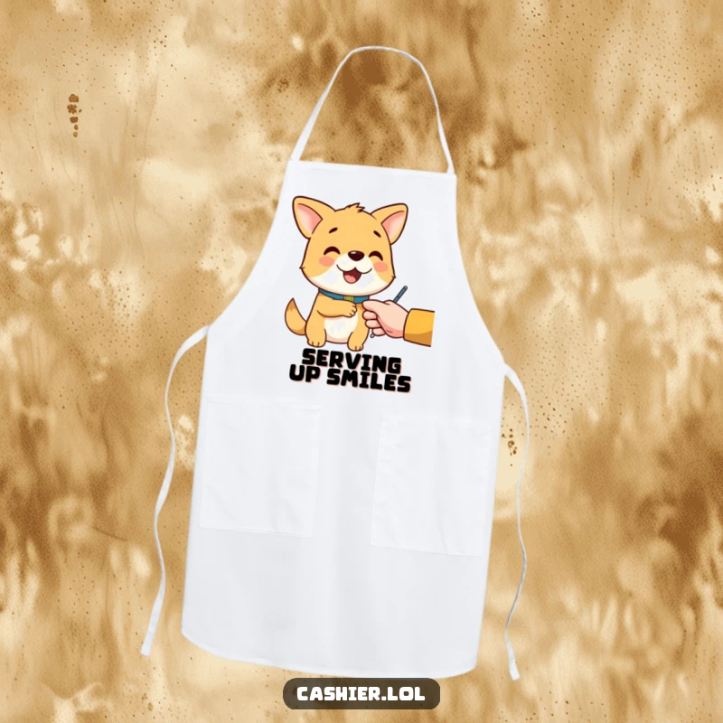 Funny apron showing a cheerful dog character with a collar, politely handing change, symbolizing excellent kitchen service.