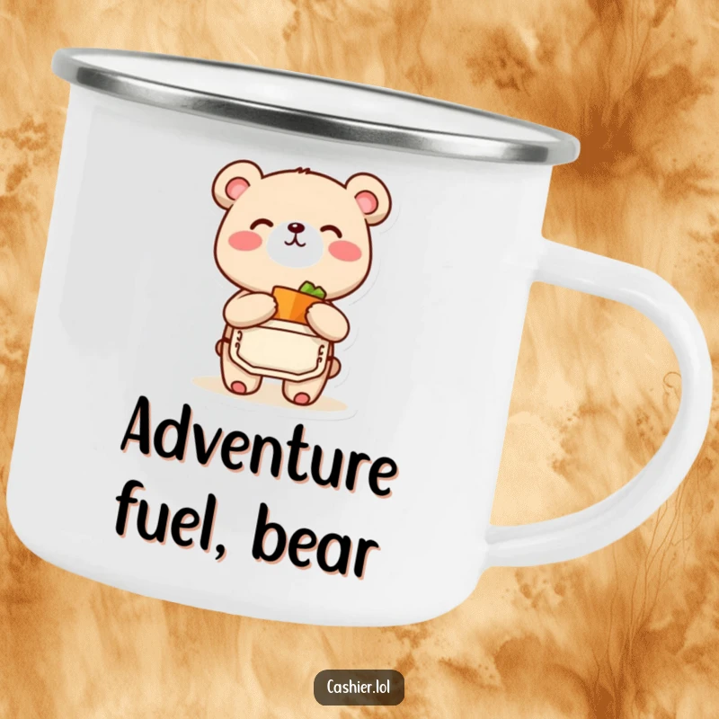 Funny camping mug showing a bear cub in an apron, joyfully bagging a small item, perfect for outdoor funny gift.