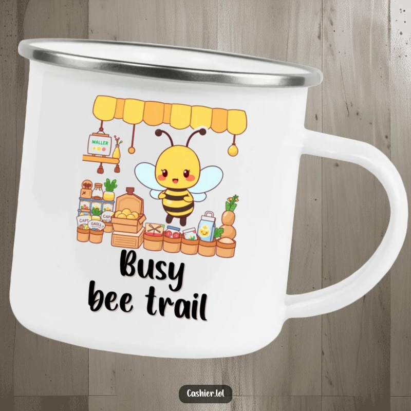 Funny camping mug with a busy, energetic bee character organizing tiny goods, ready for outdoor organization.