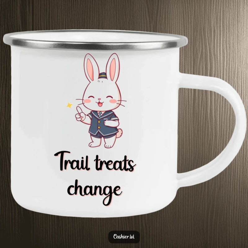 Funny camping mug featuring a cute rabbit in uniform, smiling and handing over change, for outdoor beverage enjoyment.