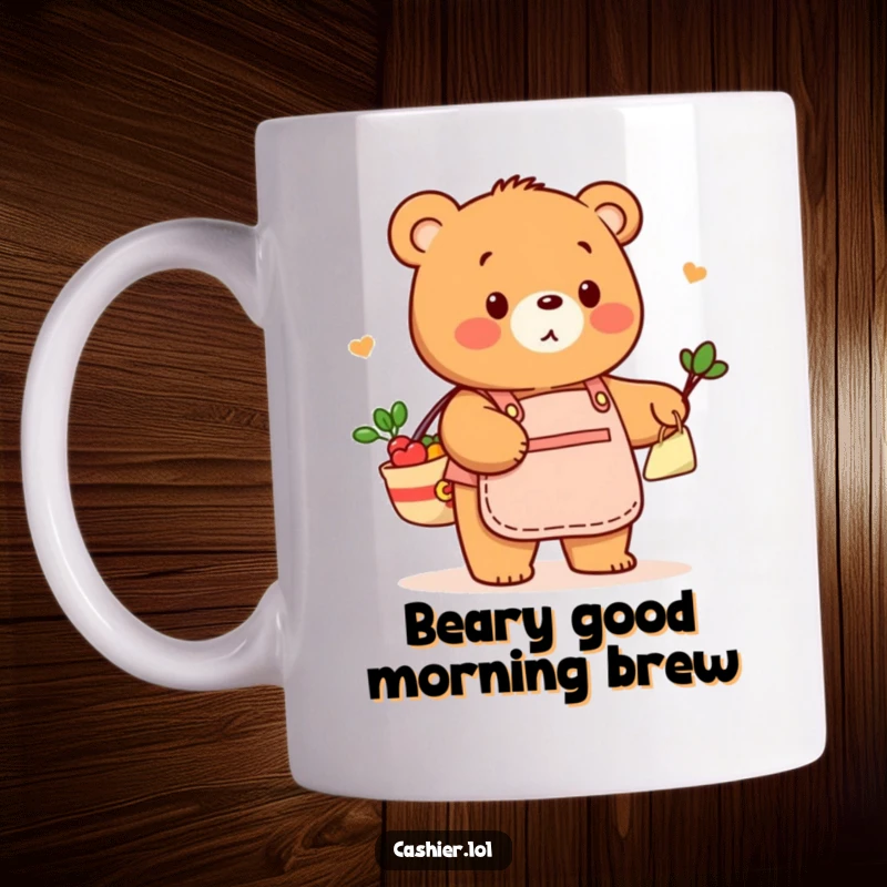 Funny mug showing a friendly bear in a store apron playfully bagging groceries with a happy and helpful expression.