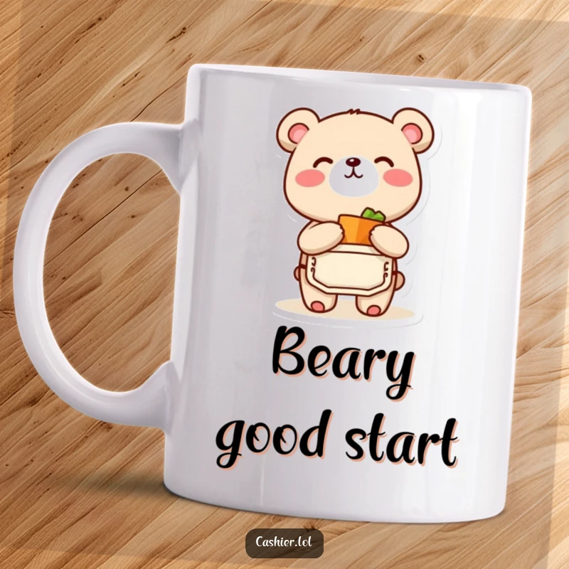 Funny bear cub character in an apron, happily bagging a small item, perfect for a shopping-themed funny gift mug.