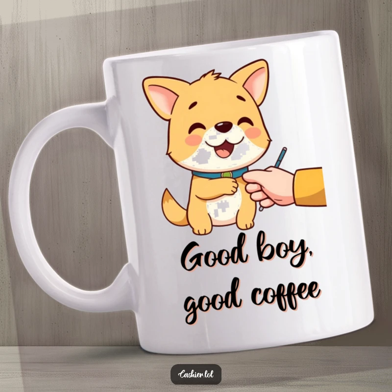 Funny mug with a cheerful dog character wearing a collar, politely handing change to a customer, embodying helpfulness.