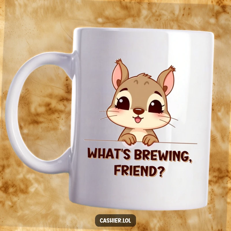 Funny squirrel character peeking over a counter with excitement, perfect for a curious soul and a great funny gift mug.