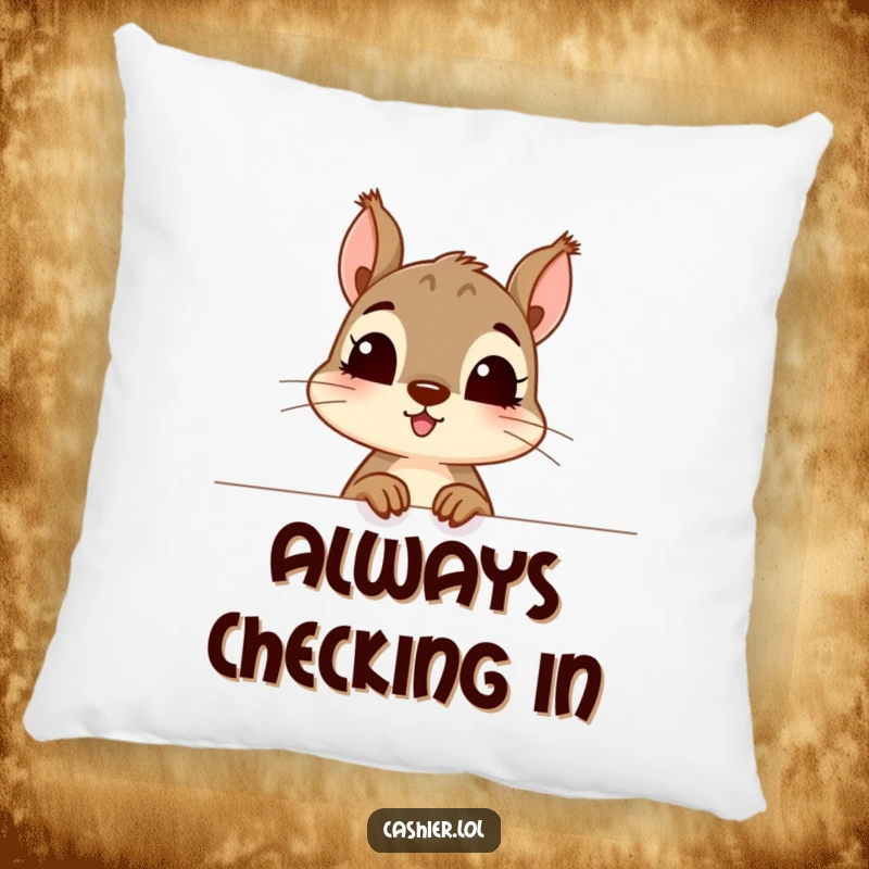 Funny and soft pillow featuring a curious squirrel character peeking excitedly over a counter, a perfect funny gift accent.