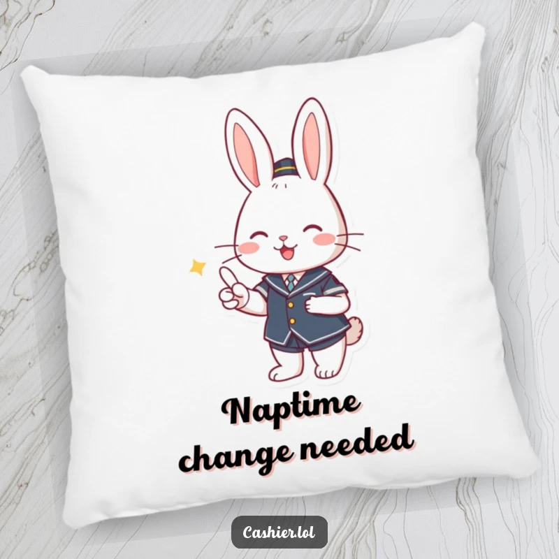 Funny pillow showcasing a smiling rabbit in a uniform, handing over change, adding cute and humorous comfort to any room.