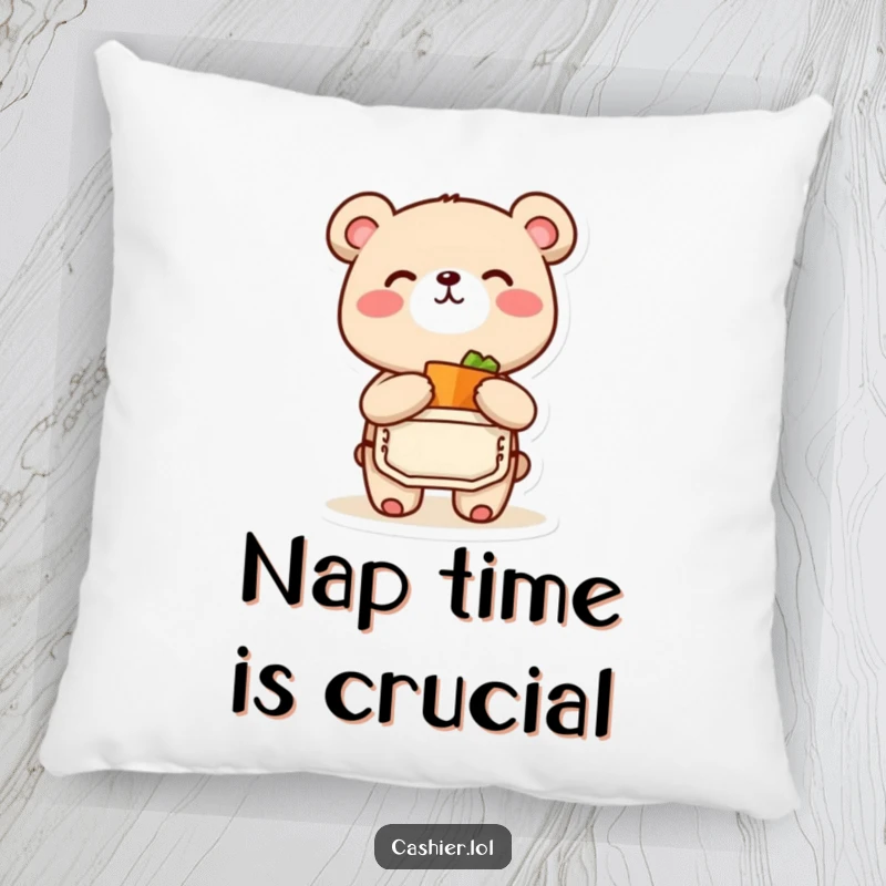 Funny and soft pillow featuring a bear cub in an apron, joyfully bagging a small item, a perfect funny gift accent.