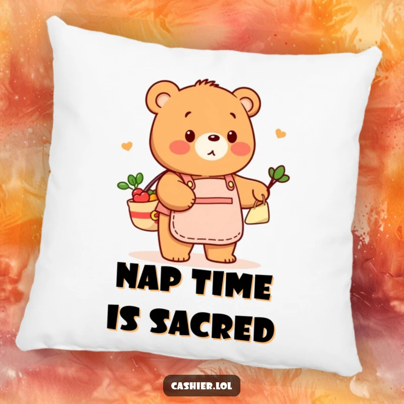 Funny pillow featuring a friendly bear in a store apron, playfully bagging groceries, offering comfort and a humorous, retail-themed touch.