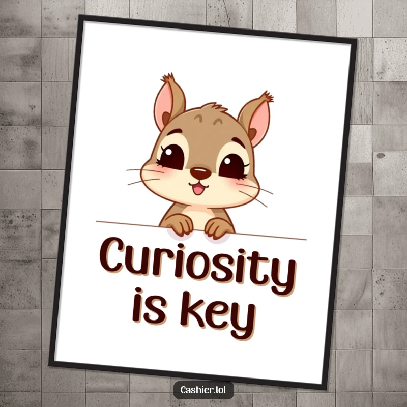 Funny digital art print of a curious squirrel character peeking excitedly over a counter, perfect funny gift.