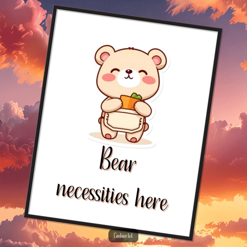 Funny digital art print of a happy bear cub character in an apron, joyfully bagging a small item, perfect funny gift.