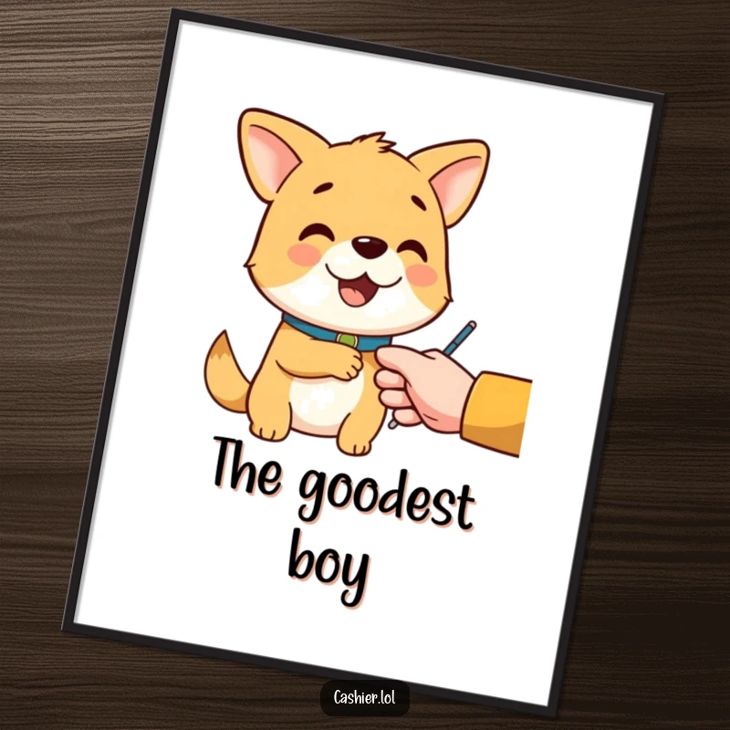 Funny digital art print of a cheerful dog character wearing a collar, politely handing change, embodying helpfulness and service.
