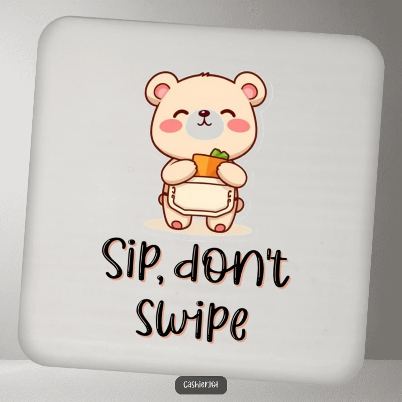 Funny drink coaster with a bear cub character in an apron, joyfully bagging a small item, fantastic funny gift.