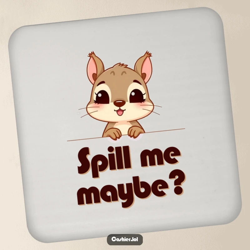 Funny drink coaster with a curious squirrel character peeking excitedly over a counter, fantastic funny gift.