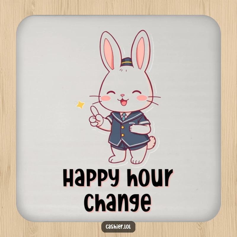 Funny drink coaster with a smiling rabbit in uniform handing over change, protecting surfaces with a cute design.