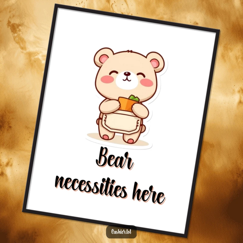 Funny poster print of a happy bear cub character wearing an apron and joyfully bagging a small item, great funny gift.