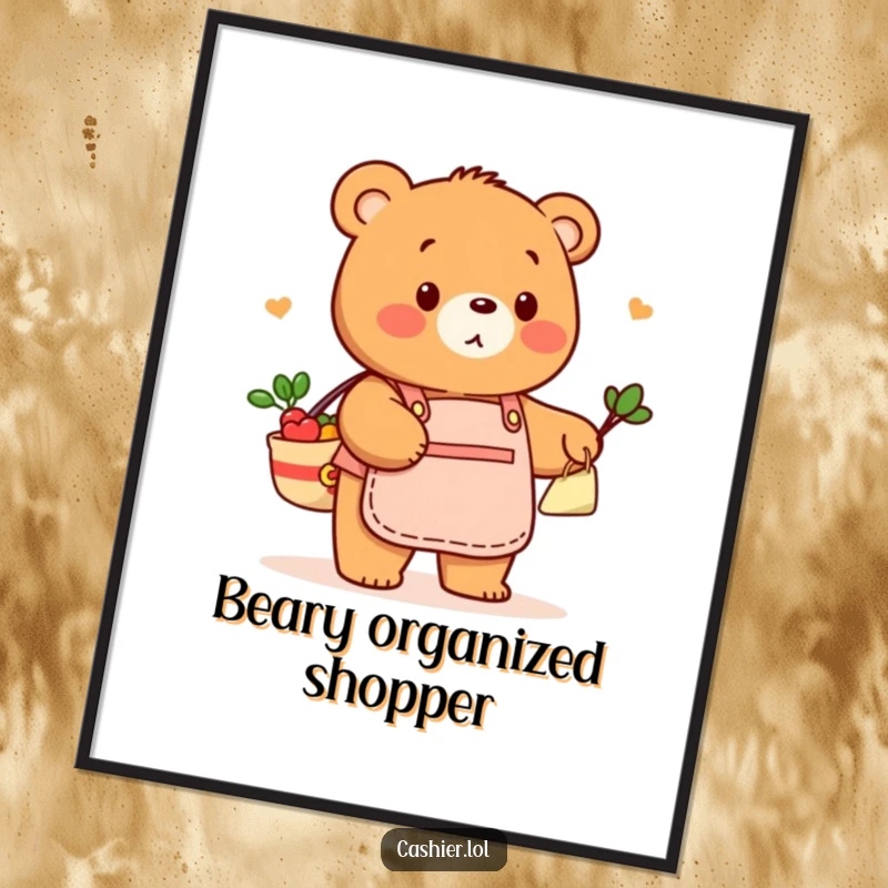 Funny poster of a friendly bear in a store apron, playfully bagging groceries, bringing a humorous and cheerful retail vibe.