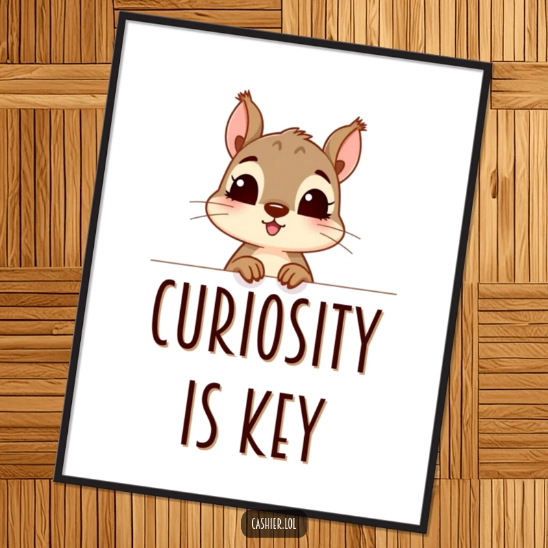 Funny poster print of a curious squirrel character peeking excitedly over a counter, great for a funny gift.