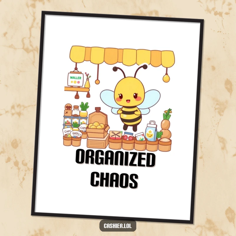 Funny poster featuring a busy, energetic bee character meticulously organizing a display of tiny goods, embodying productivity.