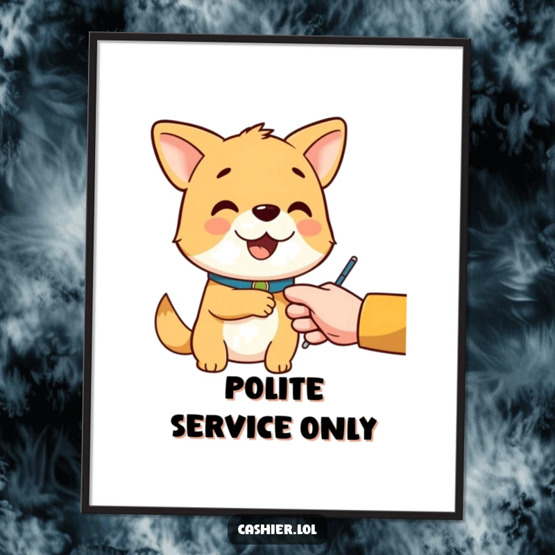 Funny poster featuring a cheerful dog character wearing a collar, politely handing change to a customer, representing kindness.