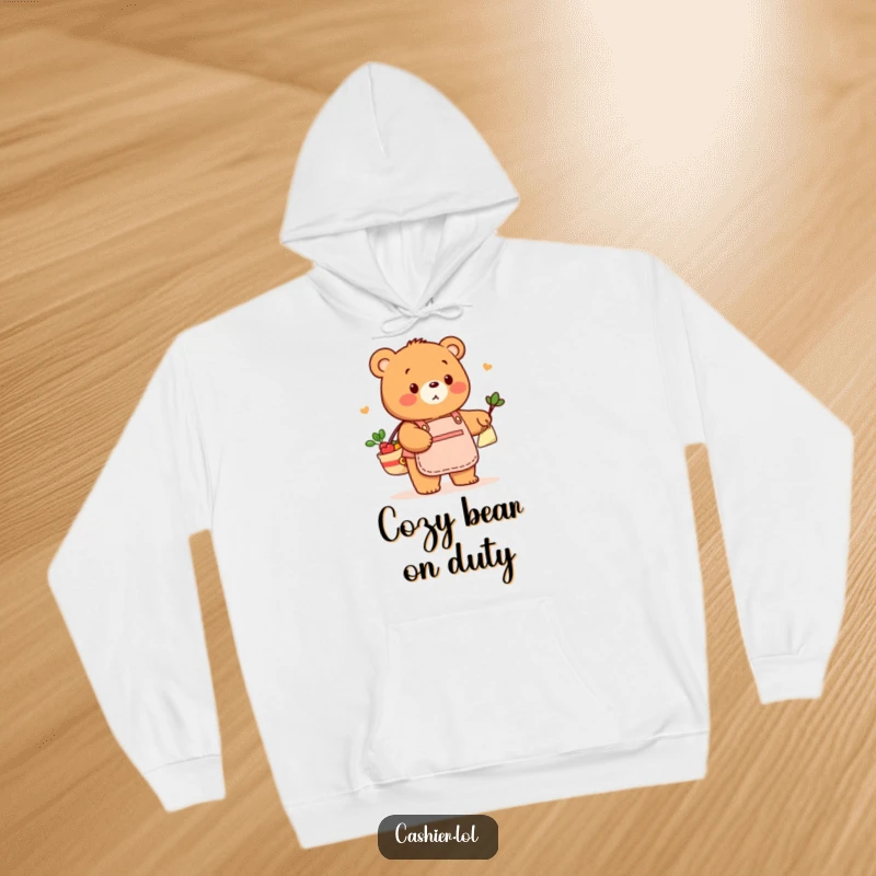 Funny hoodie featuring a friendly bear in a store apron, playfully bagging groceries, offering warmth and a humorous, retail vibe.