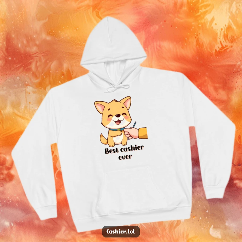 Funny hoodie with a cheerful dog character wearing a collar, politely handing change, ideal for cozy customer service moments.