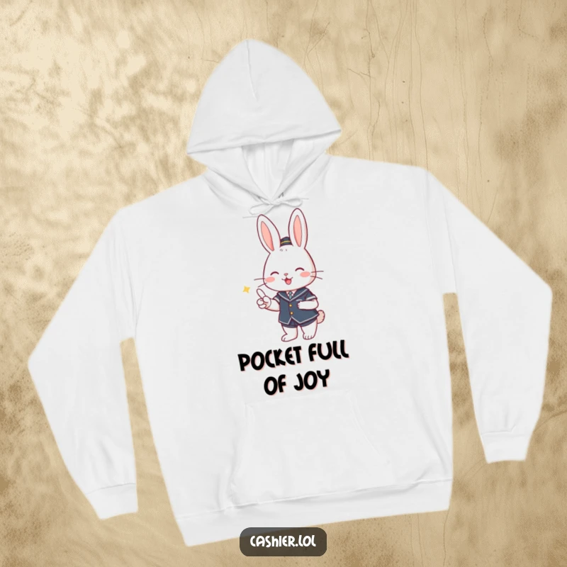 Funny hoodie displaying a cute rabbit in uniform, smiling brightly while giving change, perfect for cozy, humorous wear.