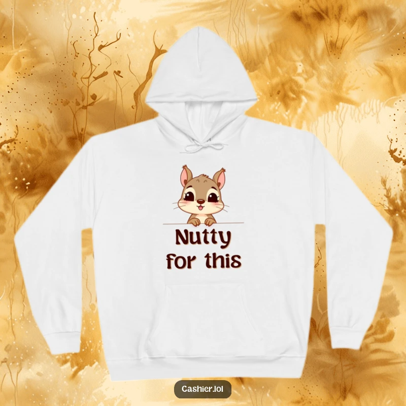 Funny and cozy hoodie design featuring a curious squirrel character peeking excitedly over a counter, ideal for a funny gift.