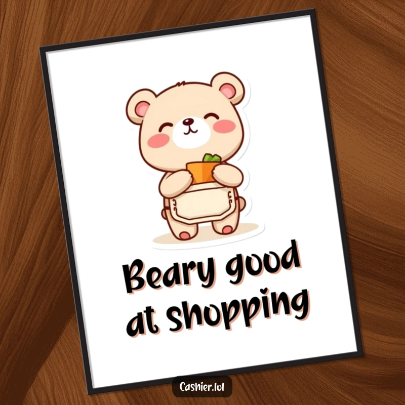 Funny free printable wall art: a cheerful bear cub wearing an apron, joyfully bagging a small, exciting item.