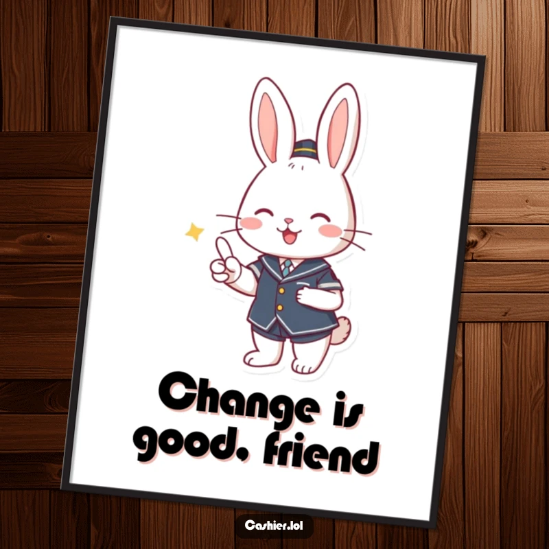 Funny Free Printable Wall Art: Cute rabbit in uniform smiling while giving change, perfect for a cafe or office decor.