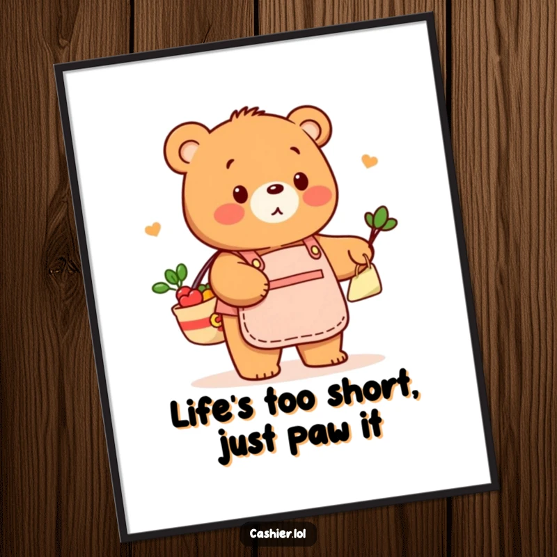 Funny Free Printable Bear in a store apron playfully bags groceries, suitable for wall art.
