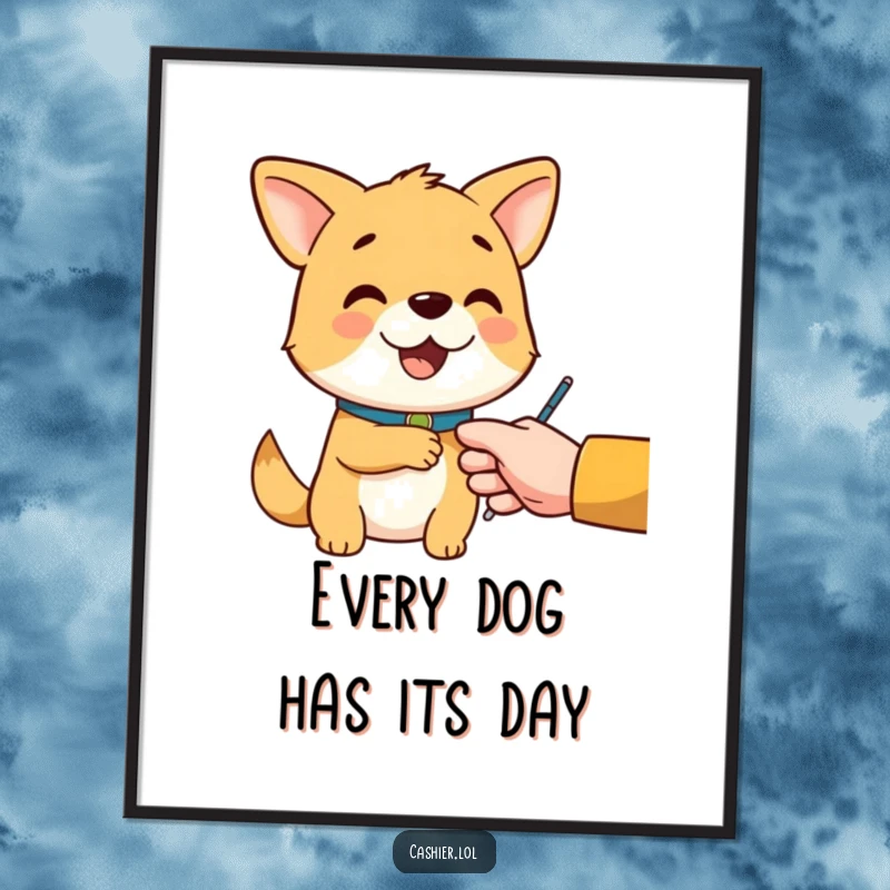 Funny Free Printable Wall Art: A cheerful dog with a collar politely handing change to a customer, sweet and funny.