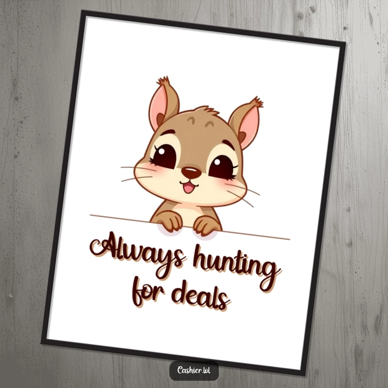 Funny free printable wall art: a curious squirrel character peering excitedly over a counter, full of wonder.