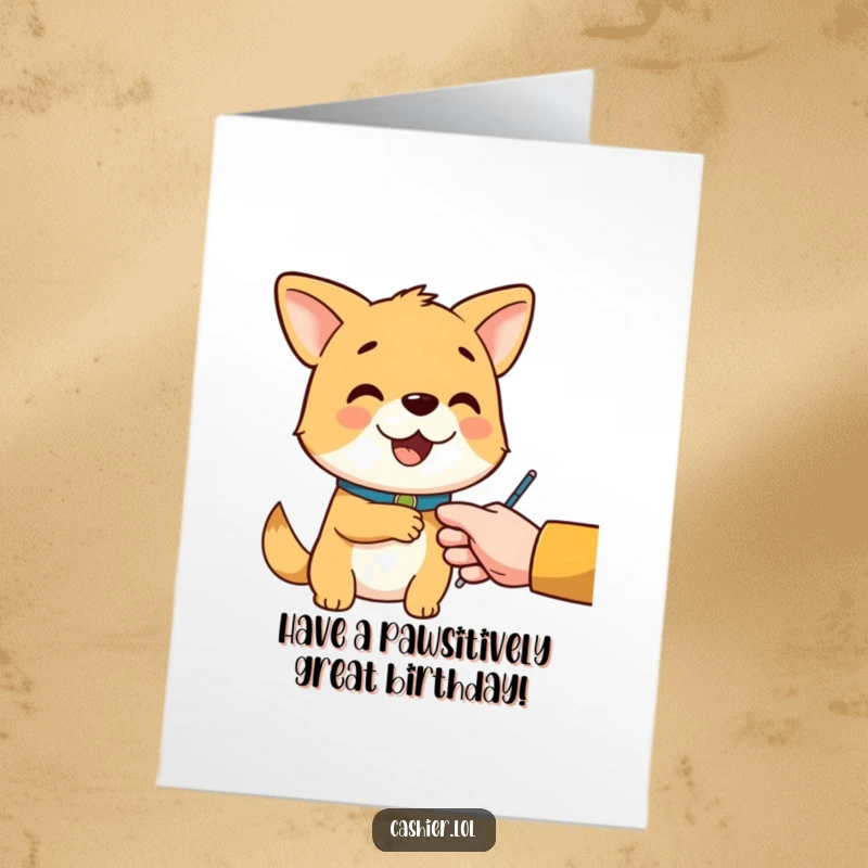 Funny Free Printable Birthday Card: Cheerful dog with a collar politely handing change to a customer.