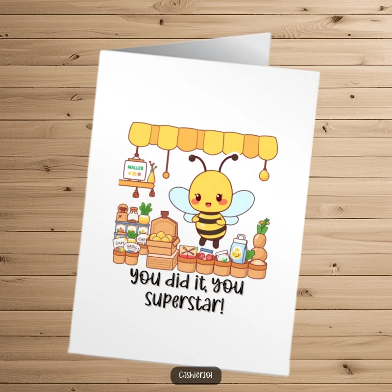 Funny Free Printable Congratulations Card: Busy bee organizing tiny goods, celebrating sweet success with energy.