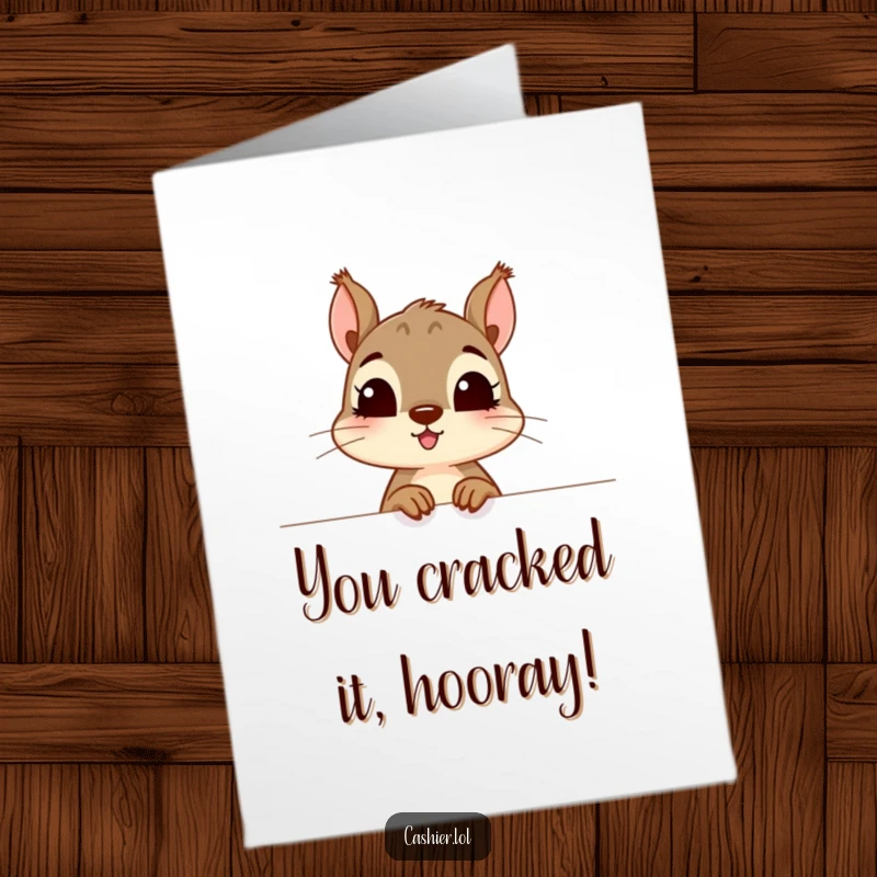 Funny free printable congratulations card: a curious squirrel peeking over a counter with excitement about a success.