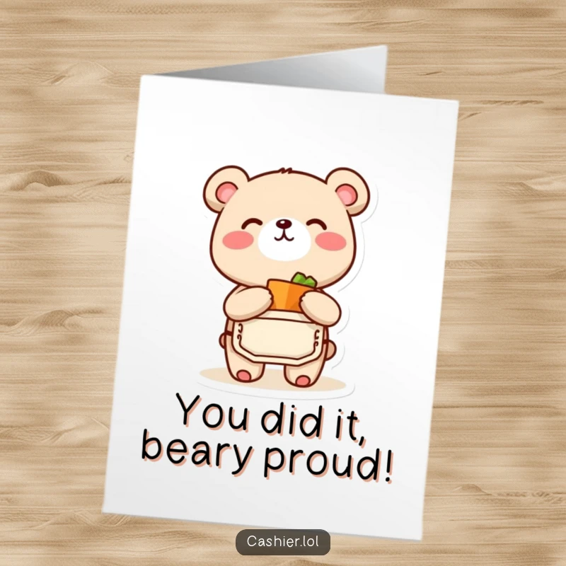 Funny free printable congratulations card: a bear cub in an apron happily bags a small item, celebrating success.