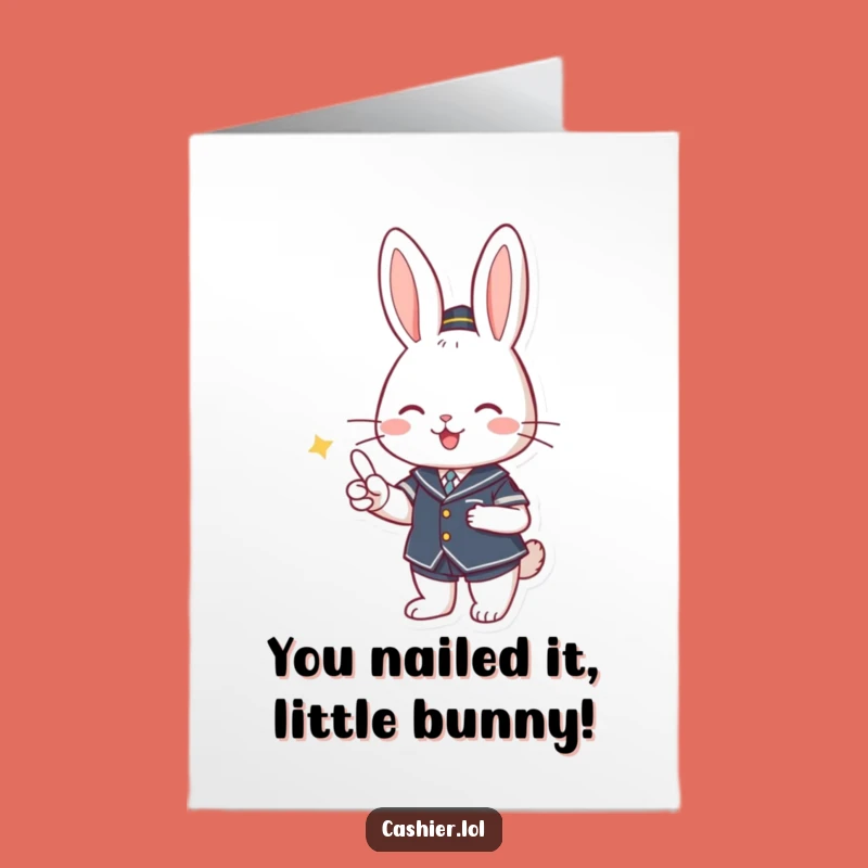 Free Printable Bunny Cashier Congratulations Card: Cute Uniformed Rabbit Funny Downloadable Gift
