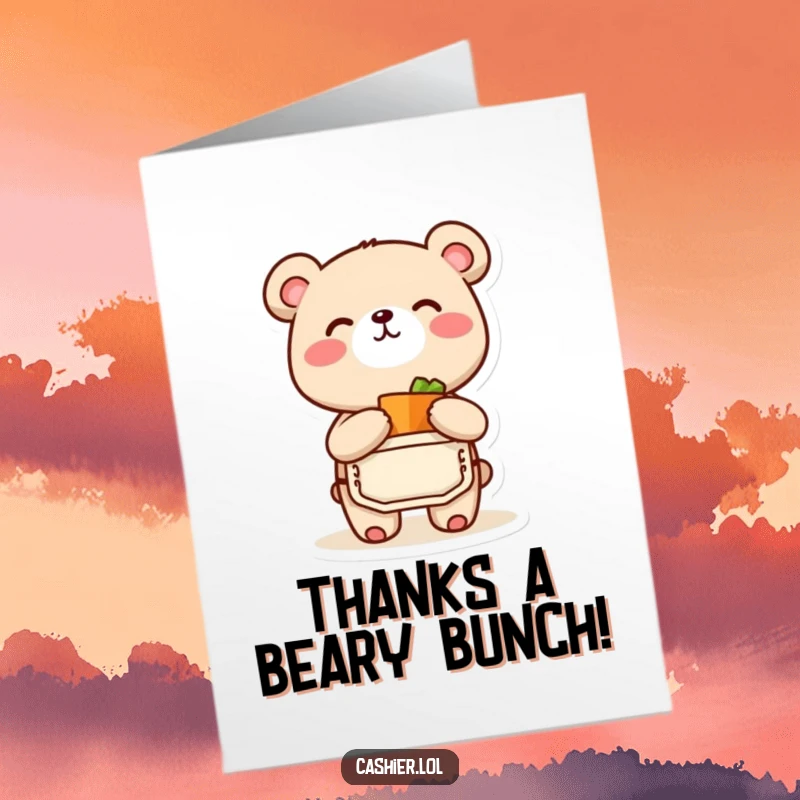 Funny free printable thank you card: a happy bear cub in an apron joyfully bags a small, thoughtful item.