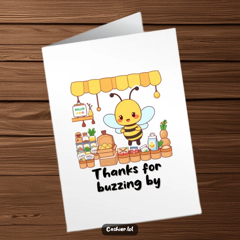 Funny Free Printable Thank You Card: Busy bee organizing tiny goods, humorously showing thanks for hard work.