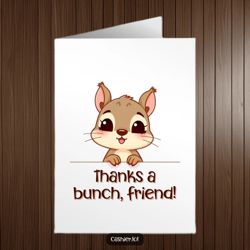 Funny free printable thank you card: a curious squirrel peeking excitedly over a counter at a token of appreciation.