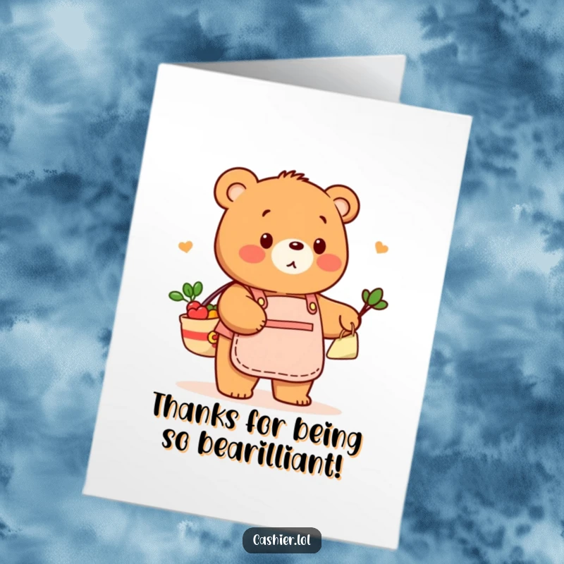 Funny Free Printable Bear in an apron playfully bags groceries, expressing thanks.