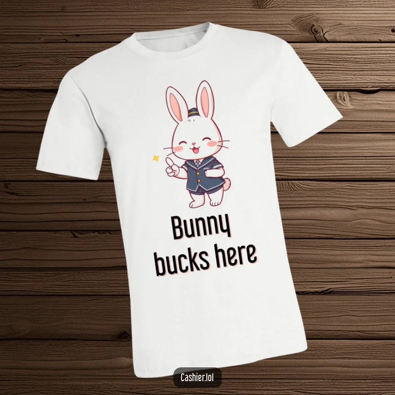 Funny t-shirt showcasing a cute rabbit in uniform, smiling and handing over change, symbolizing good service and charm.