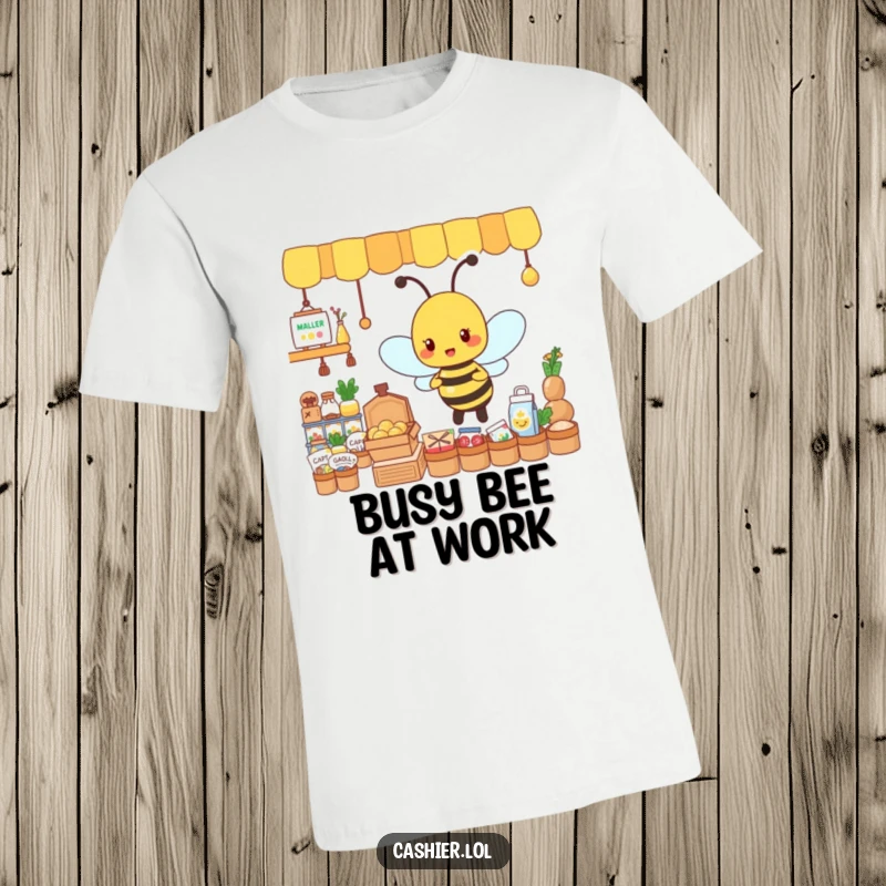 Funny t-shirt with a busy, energetic bee character organizing tiny goods, representing diligence and hyperactive effort.