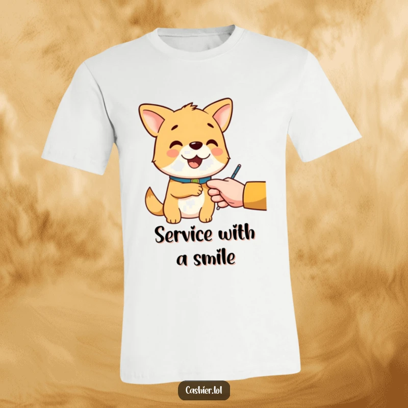 Funny t-shirt with a cheerful dog wearing a collar, politely handing change to a customer, symbolizing excellent customer service.