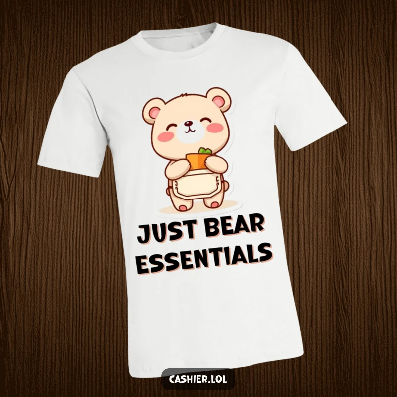 Funny t-shirt graphic of a happy bear cub wearing an apron, joyfully bagging groceries, making it a great funny gift.