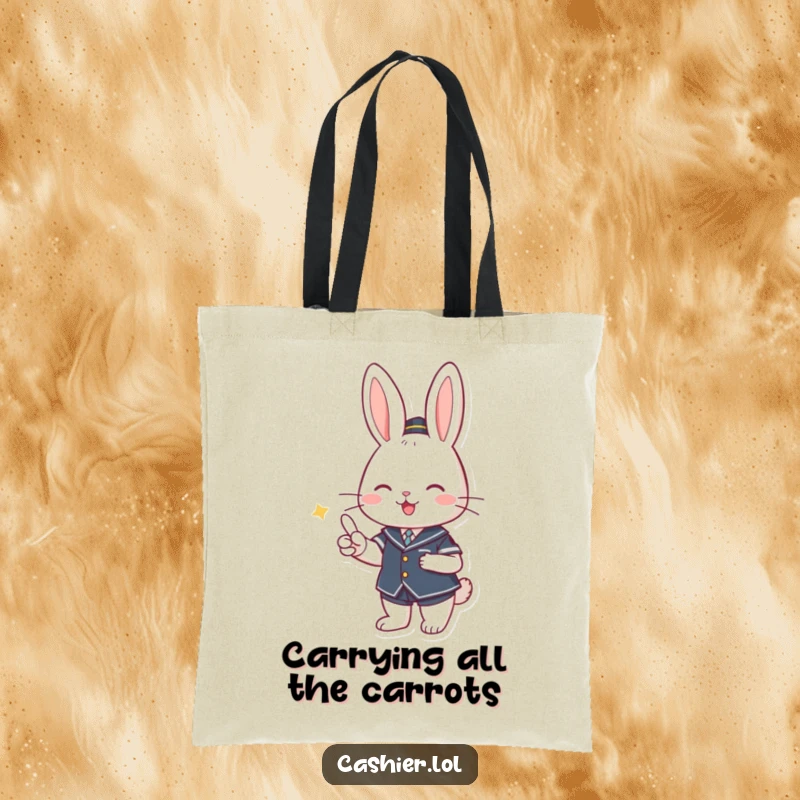 Funny tote bag with a smiling rabbit in a uniform handing over change, ideal for carrying groceries with a cute touch.