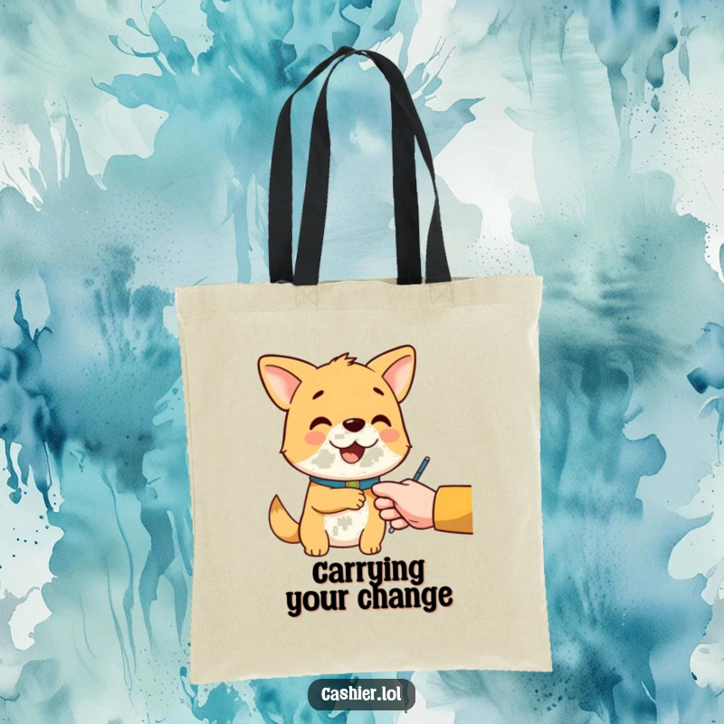 Funny tote bag showing a cheerful dog character with a collar, politely handing change, symbolizing helpfulness during shopping.