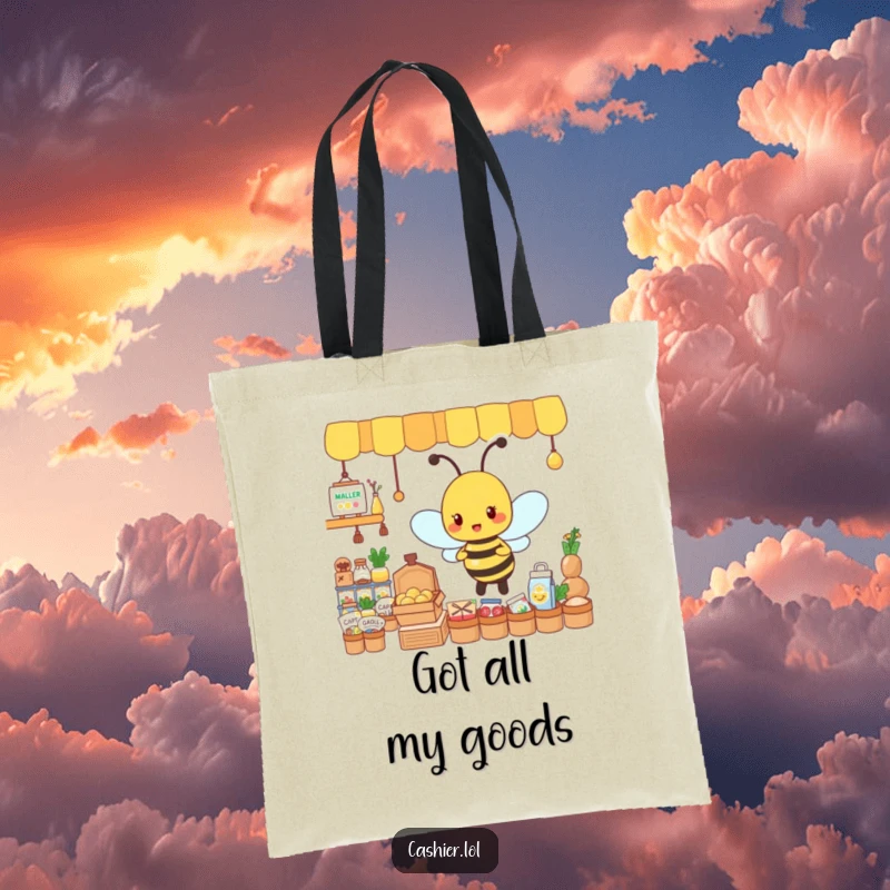 Funny tote bag showing a busy, energetic bee character organizing tiny goods, symbolizing efficient organization.